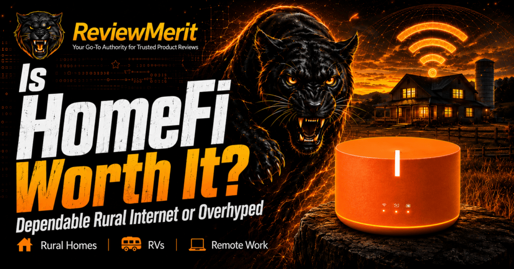 ReviewMerit featured image for “Is HomeFi Worth It?” showing a HomeFi internet device, rural home, RV, remote work icons, and a fierce black panther with wireless signal graphics.