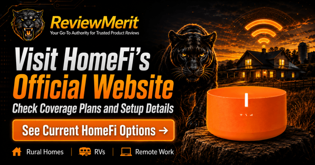 ReviewMerit HomeFi CTA image featuring the HomeFi device, rural home, black panther, and wireless signal graphics.