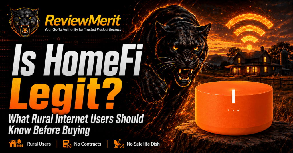 ReviewMerit featured image for “Is HomeFi Legit?” showing a HomeFi internet device, rural home, fierce black panther, and wireless signal graphics.