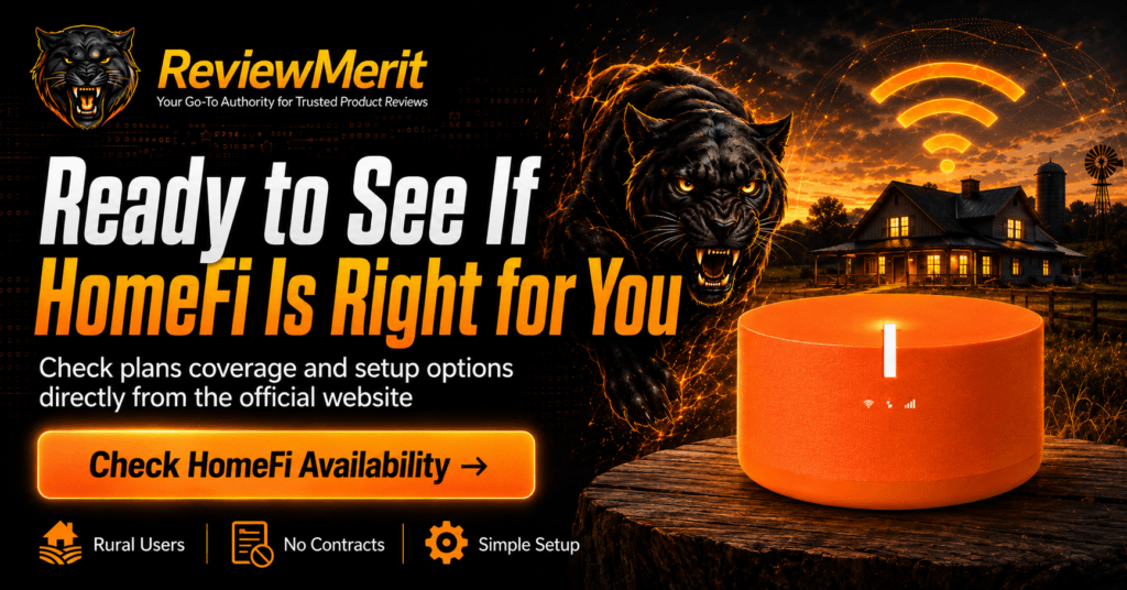 ReviewMerit HomeFi CTA image showing a HomeFi internet device, rural home, black panther, and wireless signal graphics