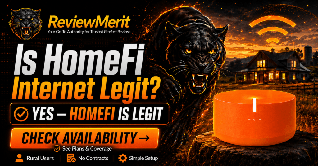 ReviewMerit mid-content HomeFi image showing the HomeFi device, rural home, black panther, wireless signal graphics, and the message “Yes — HomeFi Is Legit” with a Check Availability CTA.