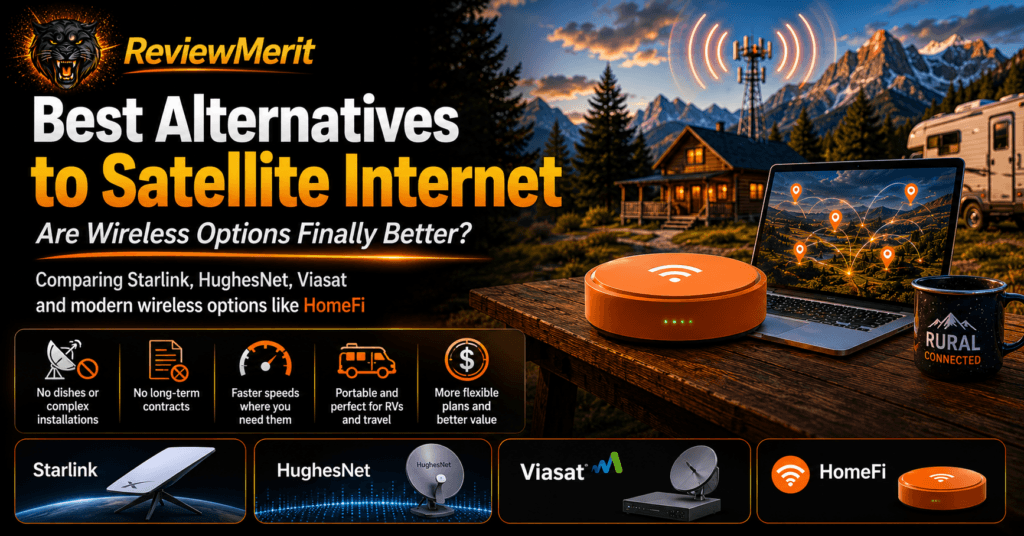 Best Alternatives to Satellite Internet image comparing HomeFi with Starlink, HughesNet, and Viasat for rural and wireless internet