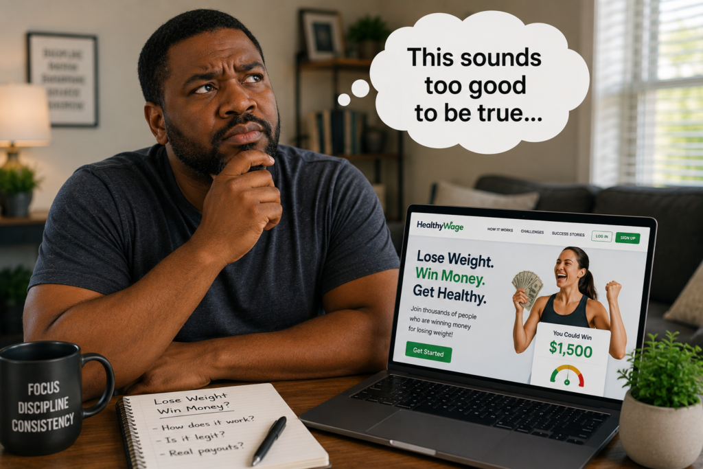 Slightly out of shape man contemplating is HealthyWage legit or simply too good to be true