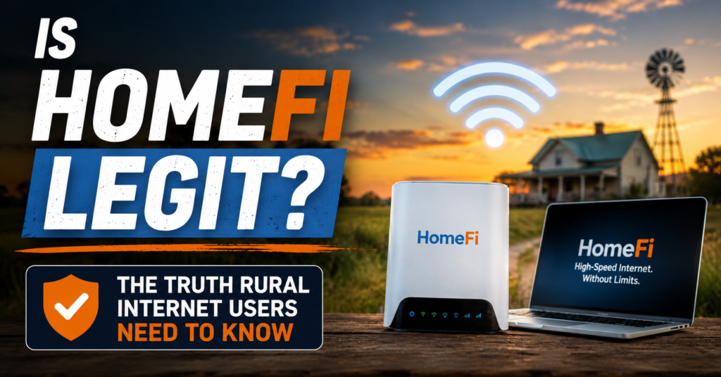 HomeFi router and antenna displayed in a rural countryside setting with the text “Is HomeFi Legit?” and messaging focused on is HomeFi legit and what rural internet users should know before signing up.