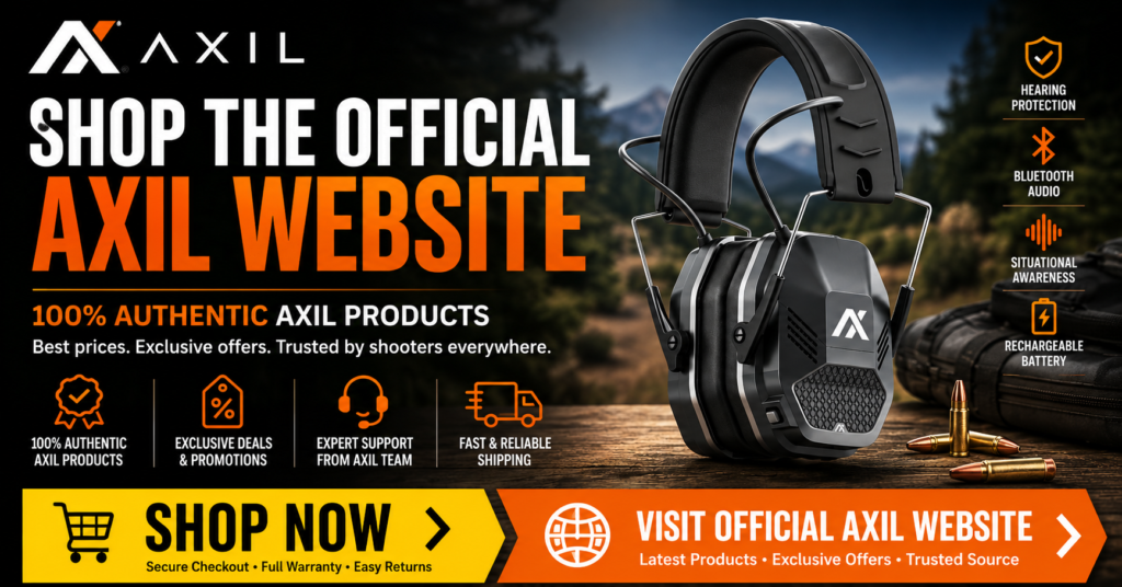 AXIL MXII Pro electronic hearing protection headset featured in a promotional banner with a rugged outdoor shooting backdrop. The image highlights Bluetooth audio, situational awareness, rechargeable battery technology, authentic AXIL products, exclusive offers, and a strong call-to-action to shop the official AXIL website.