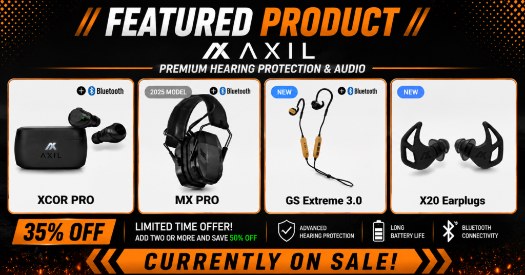 ReviewMerit featured product banner showcasing four AXIL hearing protection products including XCOR Pro, MX Pro, GS Extreme 3.0, and X20 Earplugs. The image highlights a 35% off promotion, limited-time sale, Bluetooth connectivity, long battery life, and advanced hearing protection on a black and orange background.