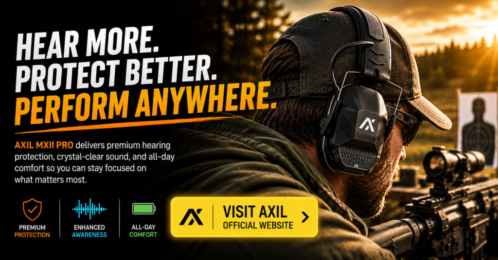Shooter wearing AXIL MXII Pro electronic hearing protection at an outdoor shooting range during golden hour. Promotional image highlights premium hearing protection, enhanced awareness, and all-day comfort with a yellow "Visit AXIL Official Website" call-to-action button.