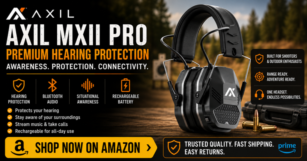 AXIL MXII Pro electronic hearing protection headset displayed in an outdoor shooting-range setting. The image highlights premium hearing protection, Bluetooth audio, situational awareness technology, and a rechargeable battery, with a bold yellow "Shop Now on Amazon" call-to-action and messaging focused on shooters and outdoor enthusiasts.