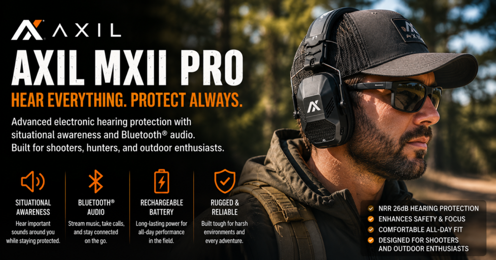 Hunter wearing AXIL MXII Pro electronic hearing protection in an outdoor setting. The image highlights situational awareness technology, Bluetooth audio, rechargeable battery performance, rugged construction, and NRR 26dB hearing protection designed for shooters, hunters, and outdoor enthusiasts.