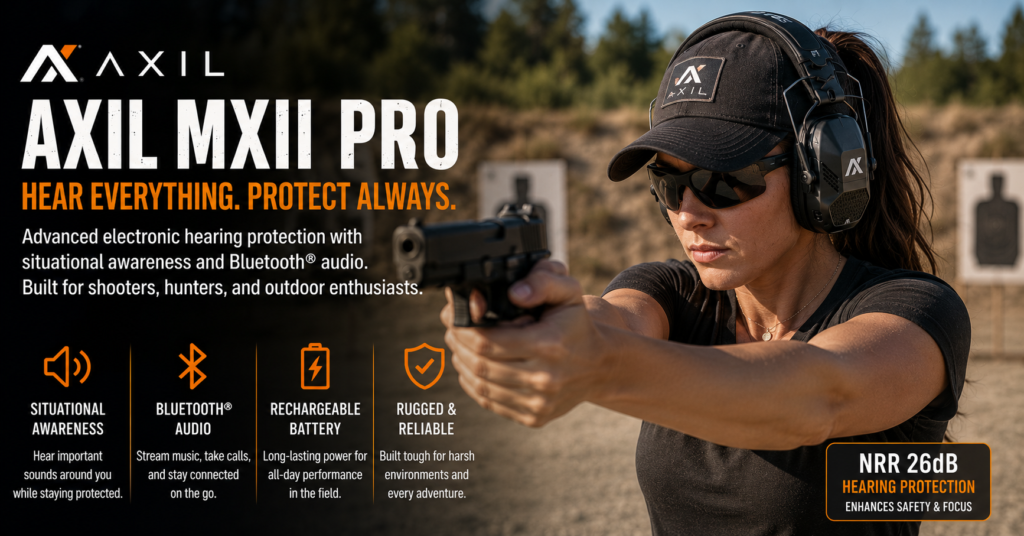 Female shooter wearing AXIL MXII Pro electronic hearing protection while practicing with a pistol at an outdoor firing range. The image highlights situational awareness technology, Bluetooth audio, rechargeable battery performance, rugged construction, and NRR 26dB hearing protection designed for shooters and outdoor enthusiasts.