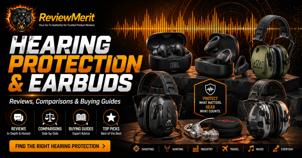 ReviewMerit Hearing Protection & Earbuds category banner featuring electronic earmuffs, wireless earbuds, and hearing protection devices with the headline “Hearing Protection & Earbuds – Reviews, Comparisons & Buying Guides” on an orange and black background with soundwave graphics.