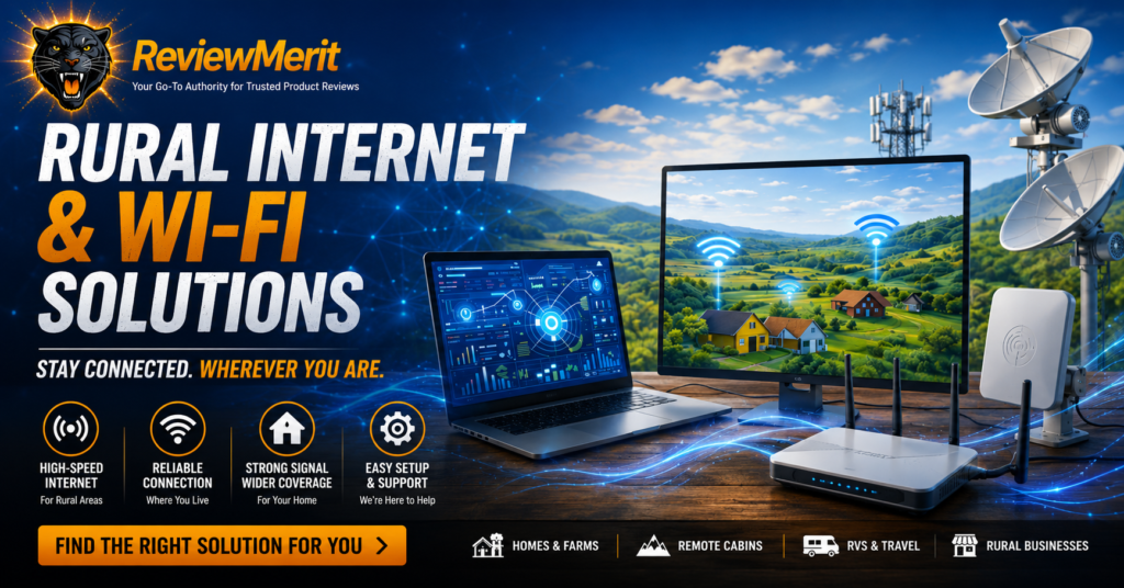 ReviewMerit Rural Internet & Wi-Fi Solutions category banner featuring wireless internet equipment, routers, cell towers, satellite dishes, and connected rural homes with the headline “Rural Internet & Wi-Fi Solutions” and the subheading “Stay Connected. Wherever You Are.” on a blue technology-themed background.