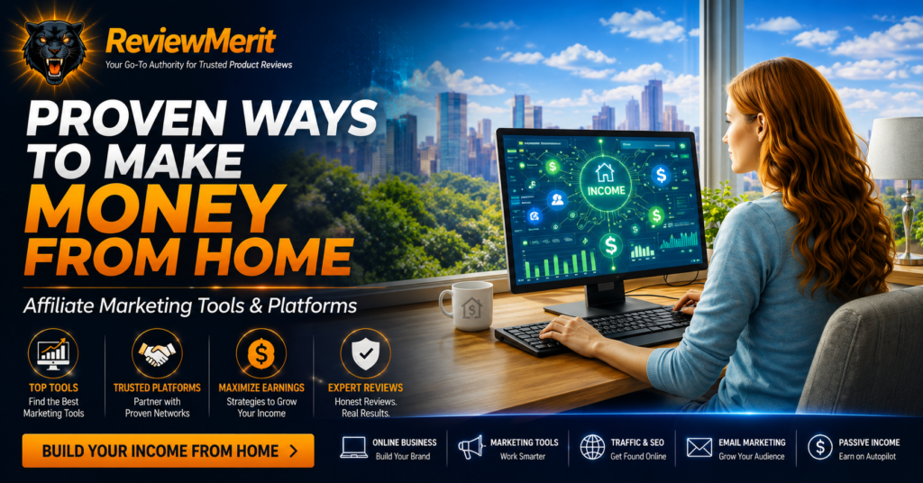 ReviewMerit Affiliate Marketing Tools & Platforms category banner featuring a woman working from home on a computer with income and marketing analytics on screen, alongside the headline “Proven Ways to Make Money from Home” and “Affiliate Marketing Tools & Platforms” on a blue and orange business-themed background.