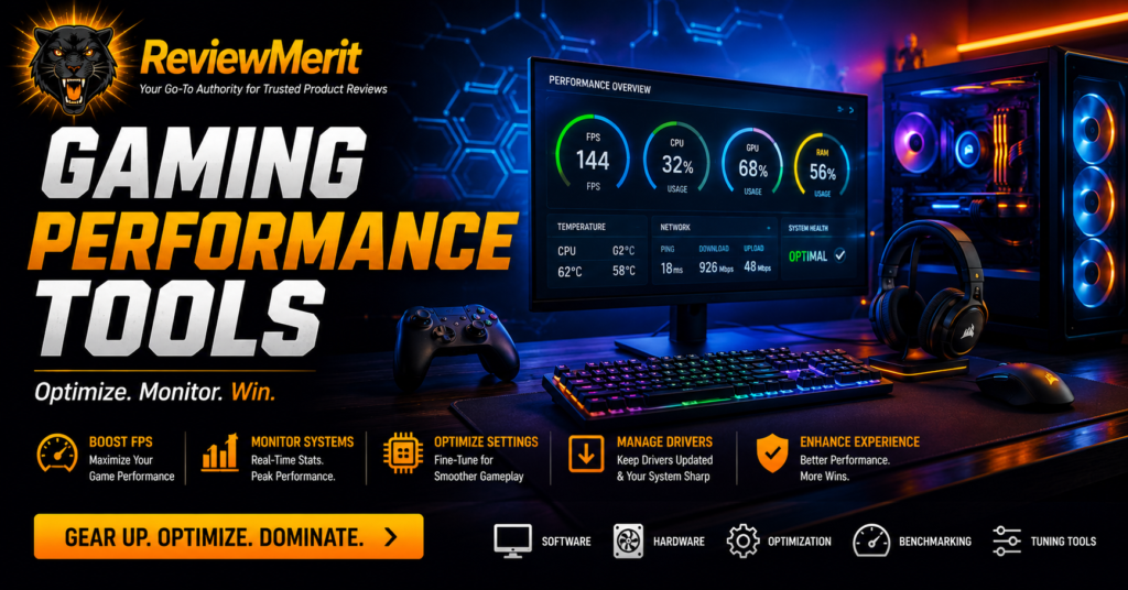 ReviewMerit Gaming Performance Tools category banner featuring a high-performance gaming PC, monitor displaying FPS and system performance metrics, gaming peripherals, and the headline “Gaming Performance Tools” with optimization, benchmarking, and performance monitoring themes on a blue and orange gaming background.