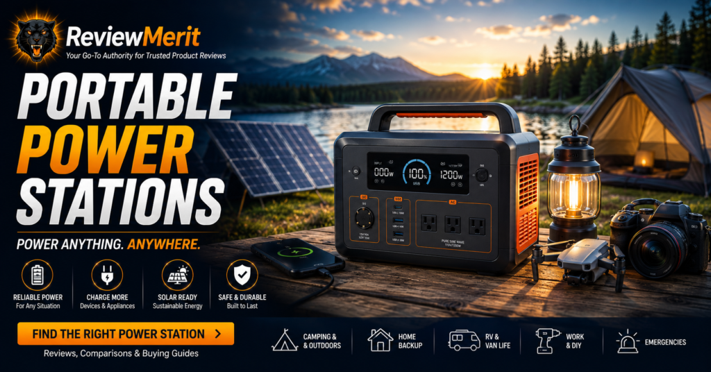 ReviewMerit Portable Power Stations category banner featuring a portable power station powering devices at a lakeside campsite with solar panels, camping gear, and mountain scenery. The image includes the headline “Portable Power Stations” and highlights reviews, comparisons, buying guides, home backup power, RV use, camping, and emergency preparedness.