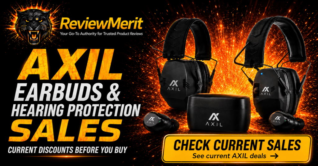 ReviewMerit branded AXIL earbuds and hearing protection image with AXIL products and a check current sales callout