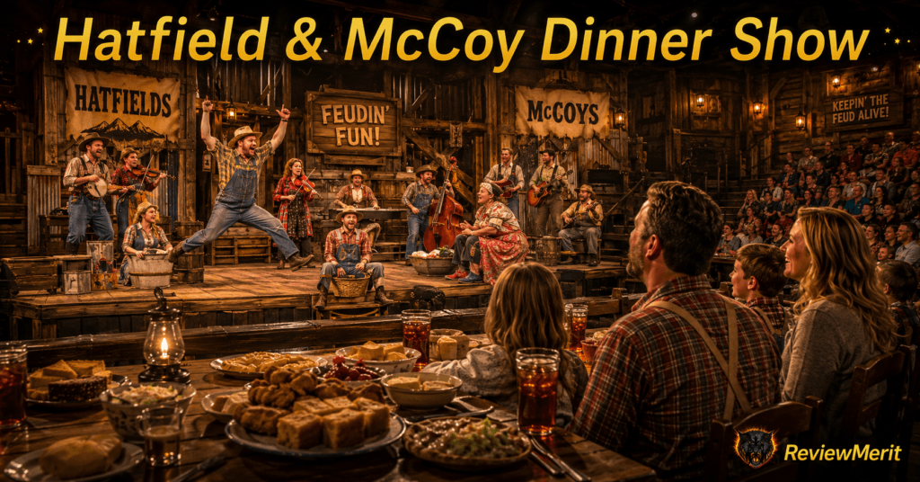 Hatfield & McCoy Dinner Show scene with mountain-style comedy, live performers, dinner seating, family audience, and ReviewMerit branding.