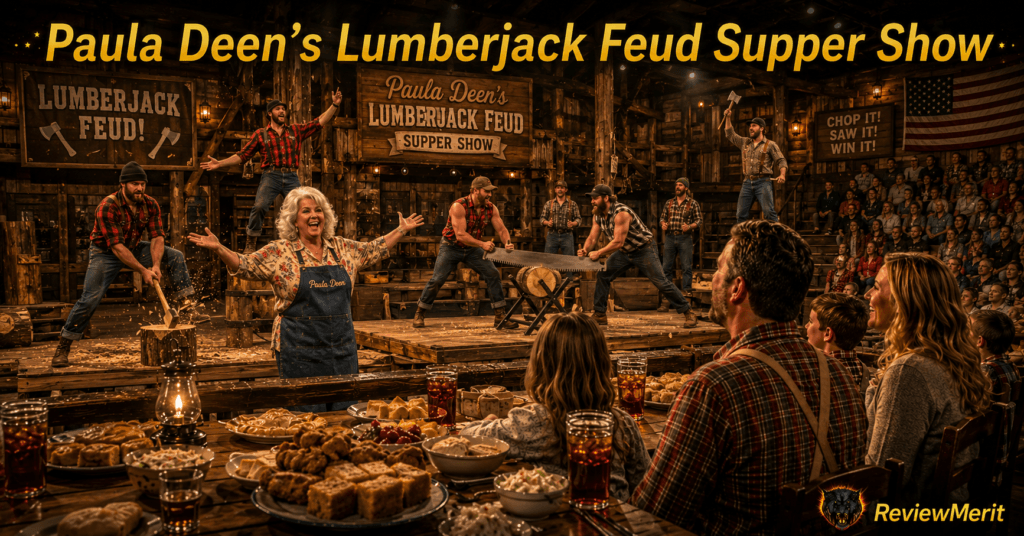 Paula Deen’s Lumberjack Feud Supper Show scene with lumberjack performers, Southern-style food, family audience, rustic stage, and ReviewMerit branding.