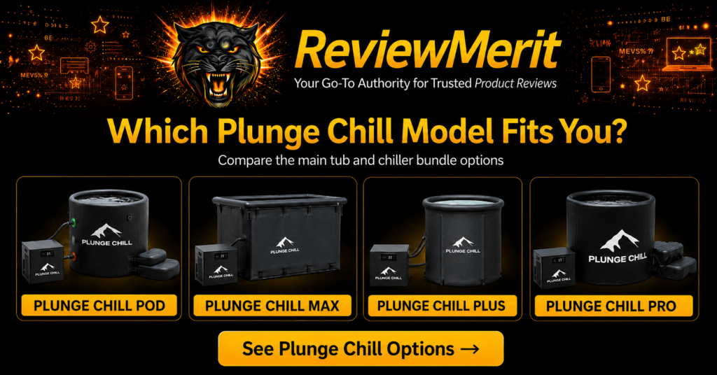 ReviewMerit comparison graphic showing the Plunge Chill Pod, MAX, Plus, and Pro cold plunge systems with matching chillers