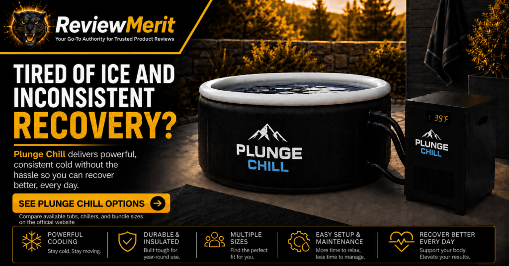 ReviewMerit-branded Plunge Chill cold plunge tub and powered chiller with a recovery-focused message and official Plunge Chill blue-and-white product logos