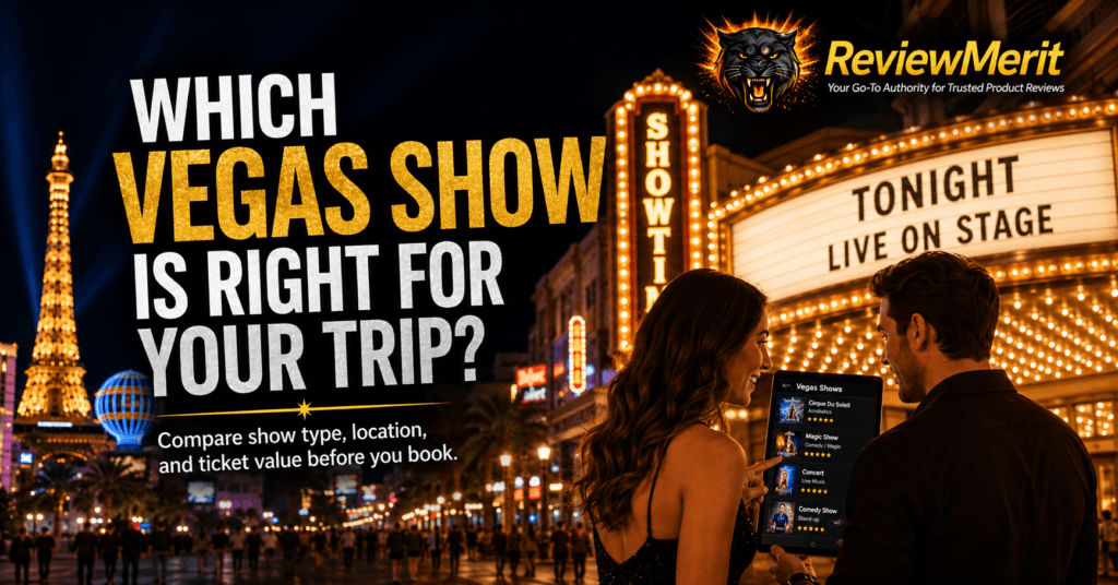 ReviewMerit branded Las Vegas show tickets image asking which Vegas show is right for your trip, with a couple comparing show type, location, and ticket value before booking.