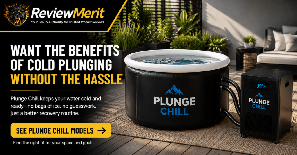 ReviewMerit-branded image showing a Plunge Chill cold plunge tub and powered chiller with the message “Want the benefits of cold plunging without the hassle”