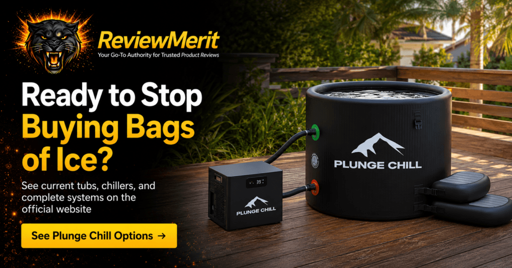 ReviewMerit-branded Plunge Chill tub and powered chiller on an outdoor deck with a direct official-site purchase message