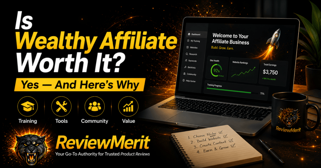 Is Wealthy Affiliate worth it featured image with ReviewMerit branding, affiliate marketing tools, training, community, and website-building dashboard
