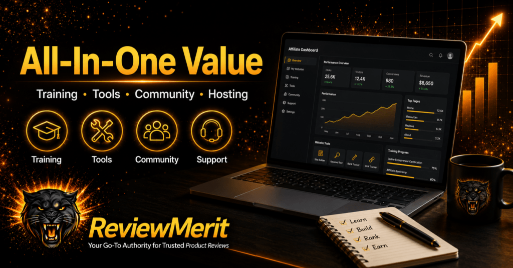 Wealthy Affiliate all-in-one platform featuring training, tools, community support, hosting, and ReviewMerit branding