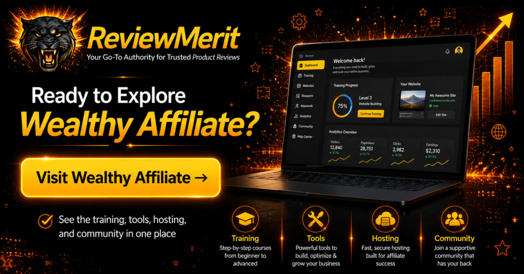 ReviewMerit Wealthy Affiliate CTA highlighting training, tools, hosting, community support, and the Visit Wealthy Affiliate button