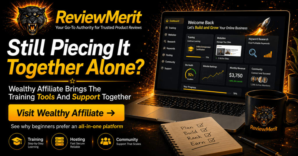 ReviewMerit Wealthy Affiliate CTA showing training, hosting, community support, keyword research, and an all-in-one platform for beginners