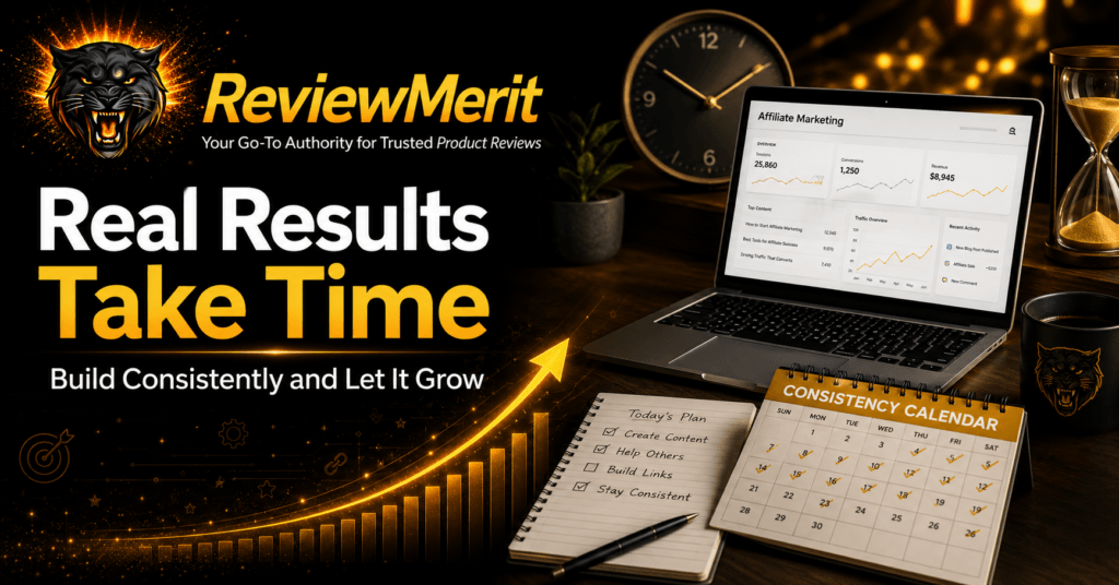 ReviewMerit image showing that affiliate marketing results take time, consistency, content creation, and steady website growth