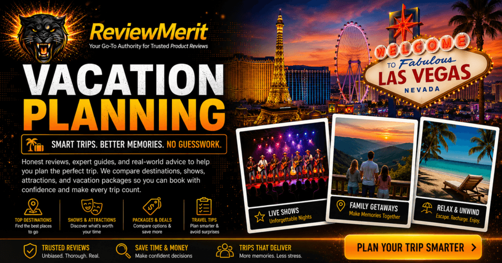 ReviewMerit Vacation Planning homepage banner featuring Las Vegas, live shows, family getaways, vacation packages, and smart travel planning tips.