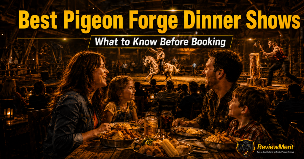 Family enjoying a Pigeon Forge dinner show with Southern-style food, live stage entertainment, and ReviewMerit branding.