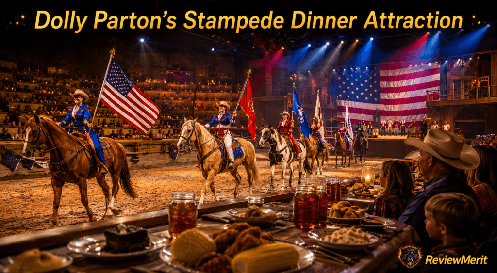 Dolly Parton’s Stampede dinner show scene with horseback performers, arena seating, Southern-style food, and ReviewMerit branding.