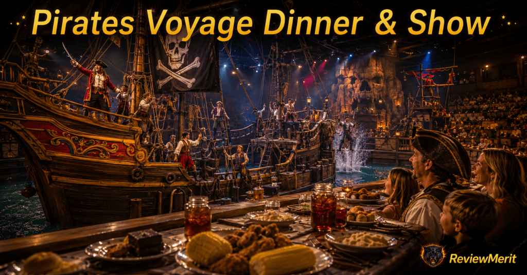 Pirates Voyage Dinner & Show scene with pirate ships, live performers, dinner seating, stage effects, and ReviewMerit branding.