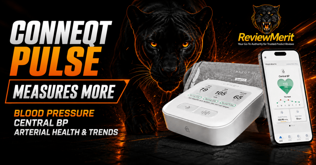 Conneqt Pulse blood pressure monitor and smartphone app showing blood pressure, central BP, arterial health, and trend tracking with ReviewMerit panther branding.