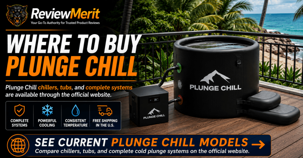 ReviewMerit branded Plunge Chill image showing a tub, powered chiller, and complete cold plunge system beside the ocean