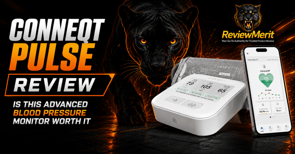 Conneqt Pulse blood pressure monitor with smartphone app and ReviewMerit panther branding for our Conneqt Pulse review.