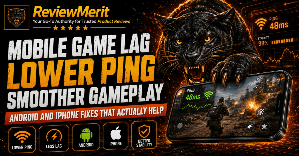 Mobile game lag graphic showing lower ping, smoother gameplay, Android and iPhone gaming, and GearUP Booster Mobile performance.