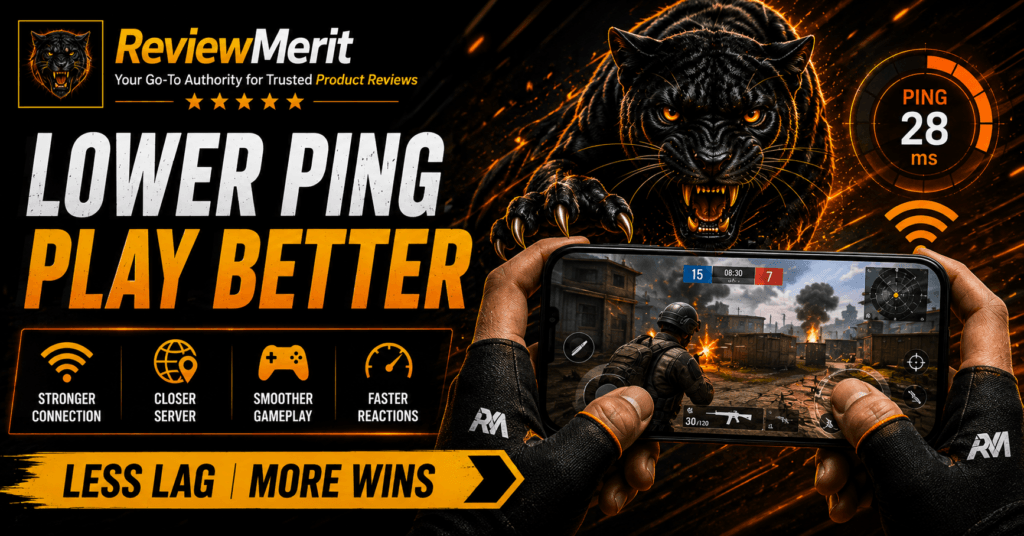 ReviewMerit mobile gaming graphic showing lower ping, smoother gameplay, stronger connections, and smartphone gaming performance.