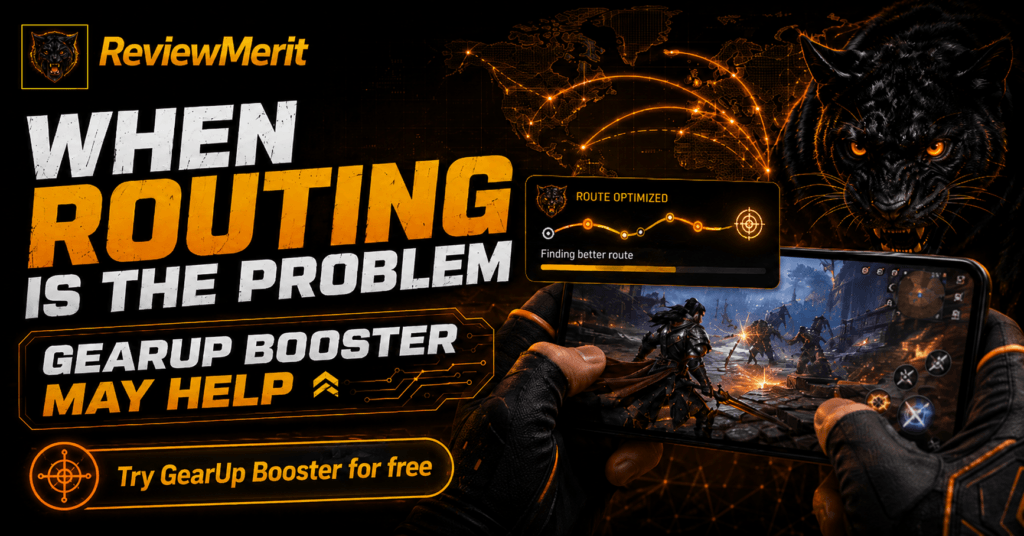 ReviewMerit how to lower ping in mobile games GearUp Booster graphic showing optimized routing for lower ping and reduced mobile game lag