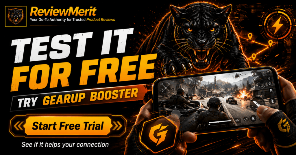 ReviewMerit GearUp Booster mobile gaming graphic promoting a free trial to test whether optimized routing improves connection performance.