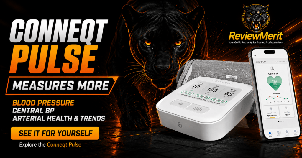 Conneqt Pulse blood pressure monitor with smartphone app showing advanced cardiovascular insights, including blood pressure, central BP, arterial health, and trend tracking, with ReviewMerit panther branding and a “See It for Yourself” call to action.