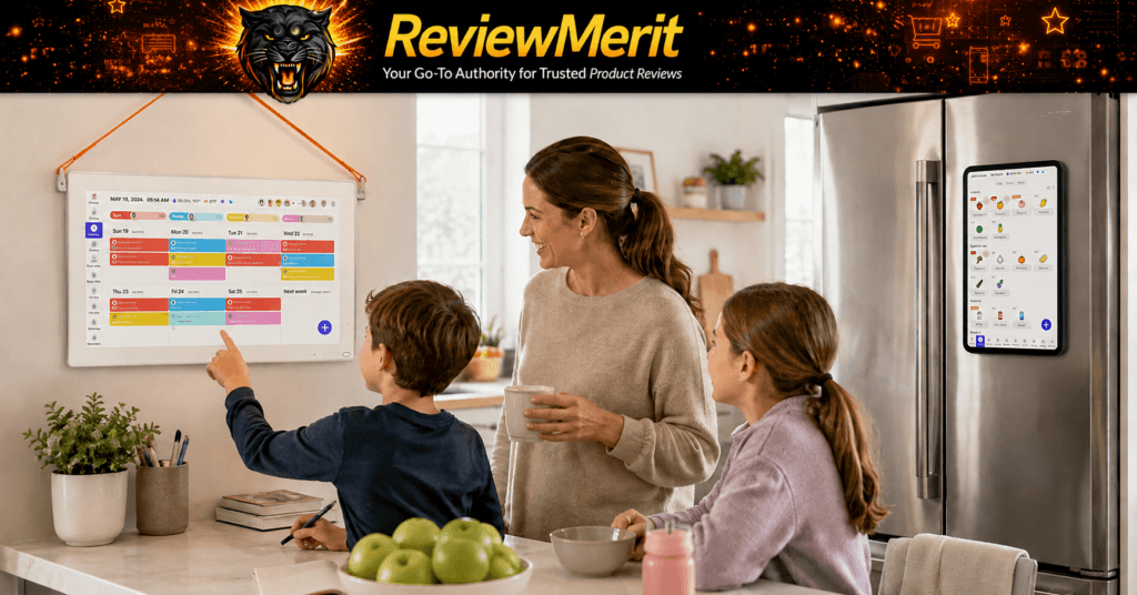 Everblog HomeCal and FridgeCal in a family kitchen with a parent and children using the shared digital calendar and fridge organizer