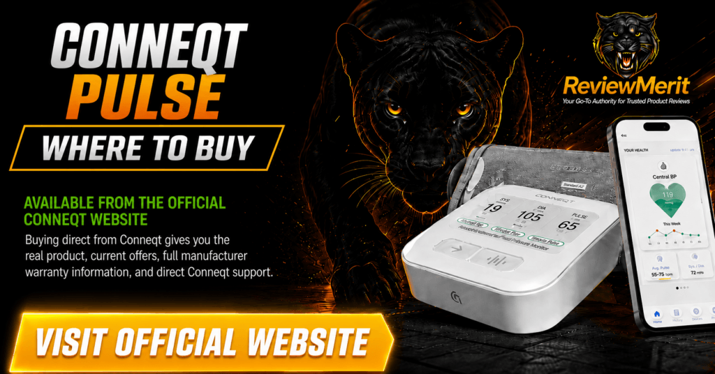 Conneqt Pulse blood pressure monitor with smartphone app and ReviewMerit panther branding, available from the official Conneqt website.