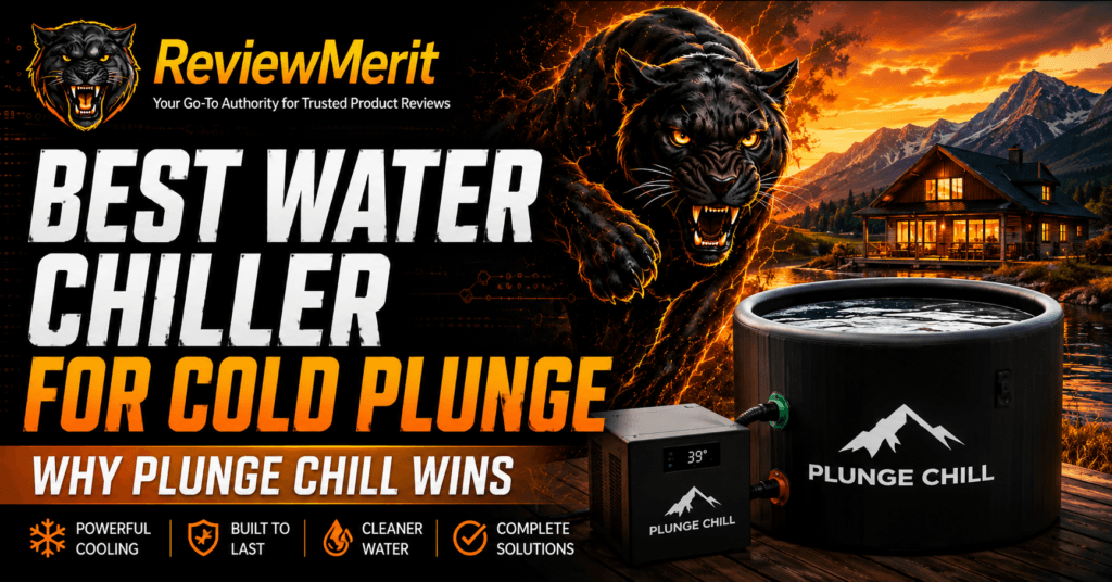 Best water chiller for cold plunge featuring a Plunge Chill tub and powered chiller with ReviewMerit branding.