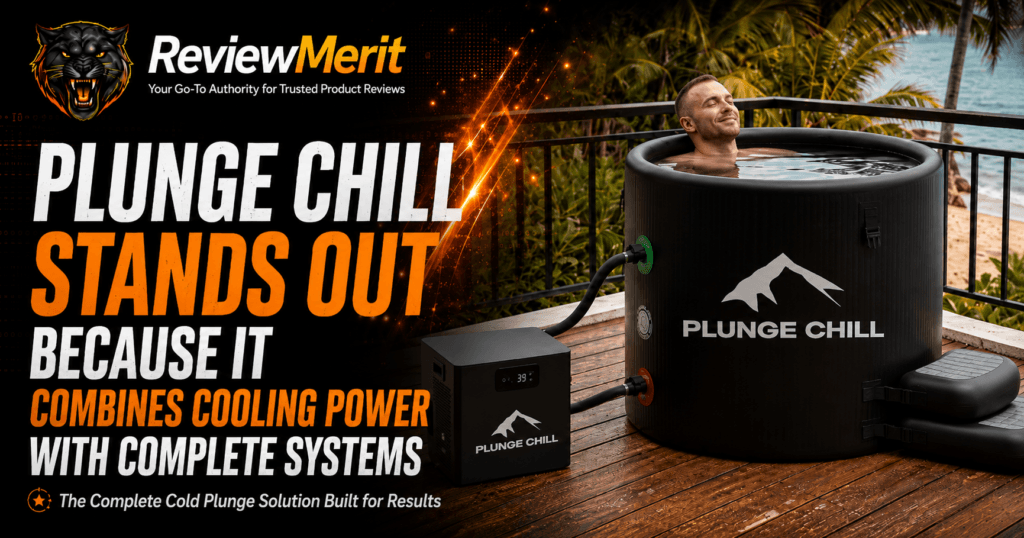 ReviewMerit branded image of a Plunge Chill cold plunge system with tub, powered chiller, and text highlighting cooling power and complete system convenience