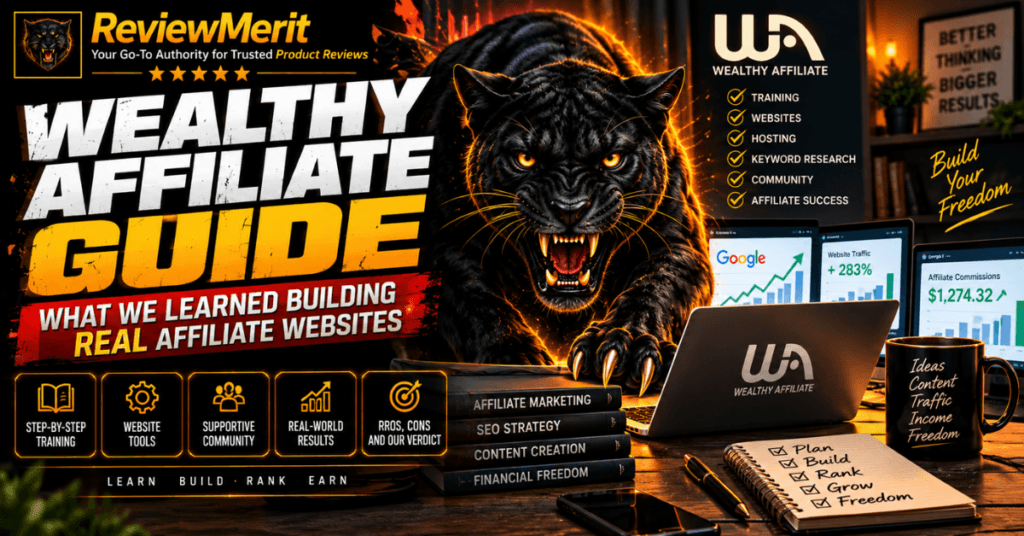 Wealthy Affiliate Guide featured image showing the ReviewMerit panther, Wealthy Affiliate branding, affiliate marketing tools, SEO, website traffic, commissions, training, and real-world website-building results.