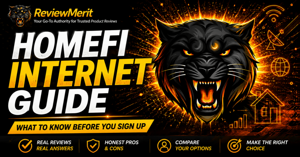 HomeFi Internet Guide featured image from ReviewMerit with a black panther, internet and Wi-Fi graphics, and the text “What to Know Before You Sign Up.”